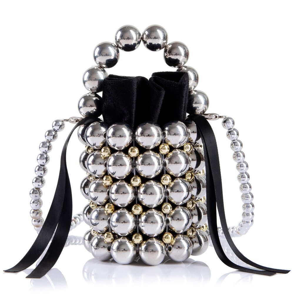 9826 Beaded Evening Bucket Bag Small Lipstick Handbag with Detachable Chain - Picture 3 of 6